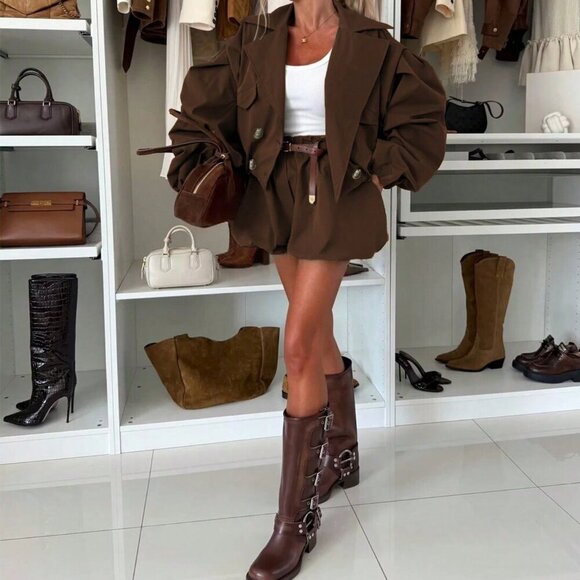 Brown Casual Women's Jacket & Pants Two Pieces Set